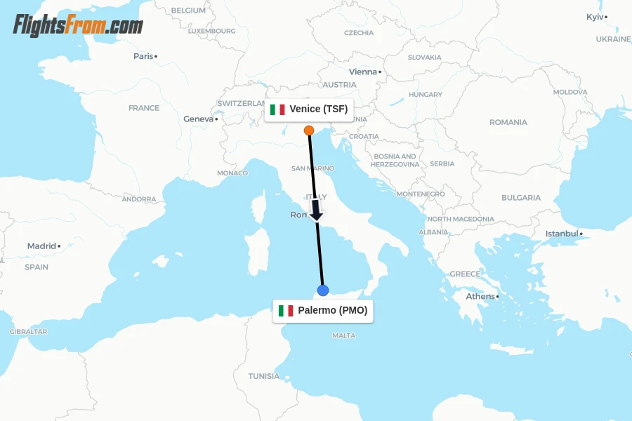 Flights from Venice to Palermo route map