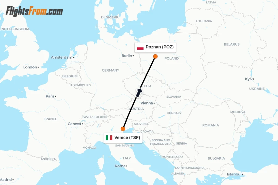 Flights from Venice to Poznan route map