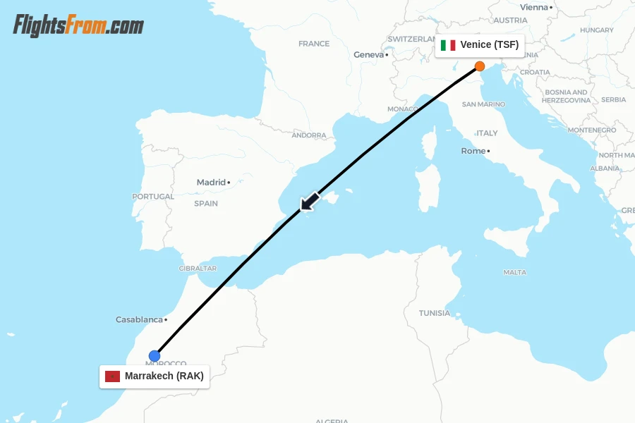 Flights from Venice to Marrakech route map