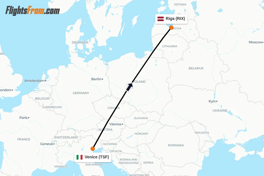 Flights from Venice to Riga route map