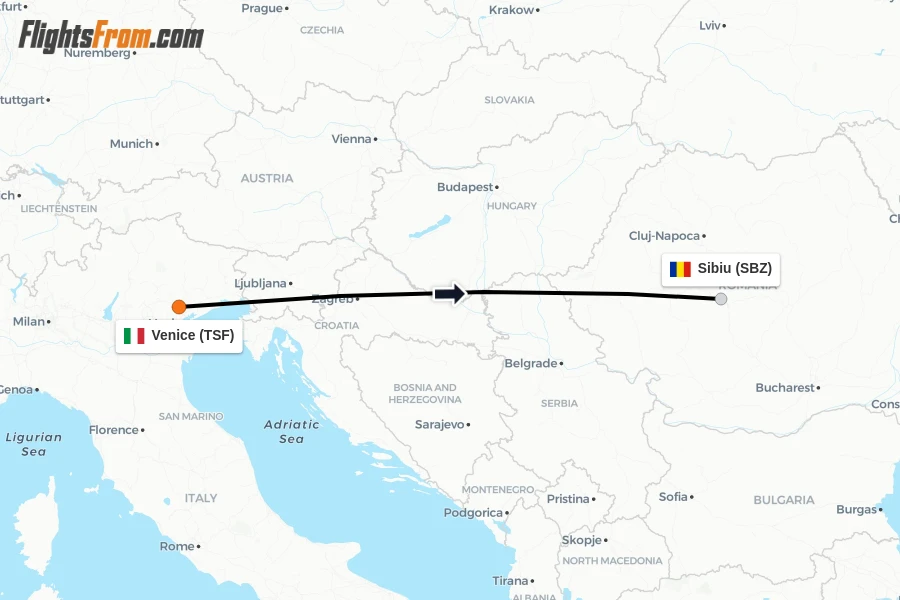 Flights from Venice to Sibiu route map