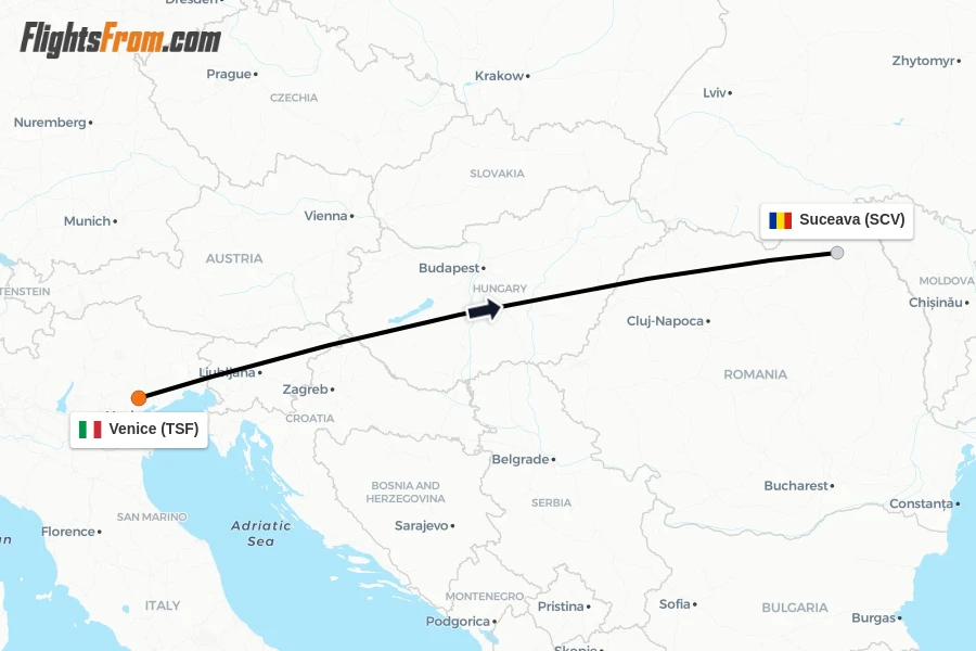 Flights from Venice to Suceava route map