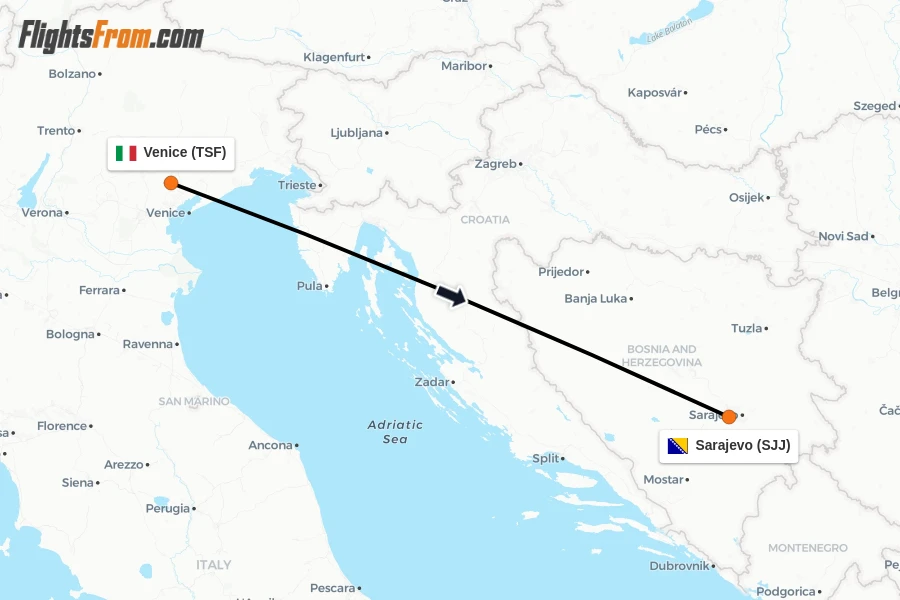 Flights from Venice to Sarajevo route map