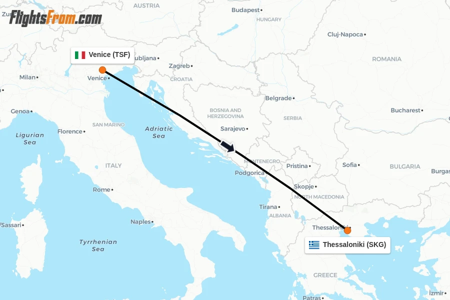 Flights from Venice to Thessaloniki route map