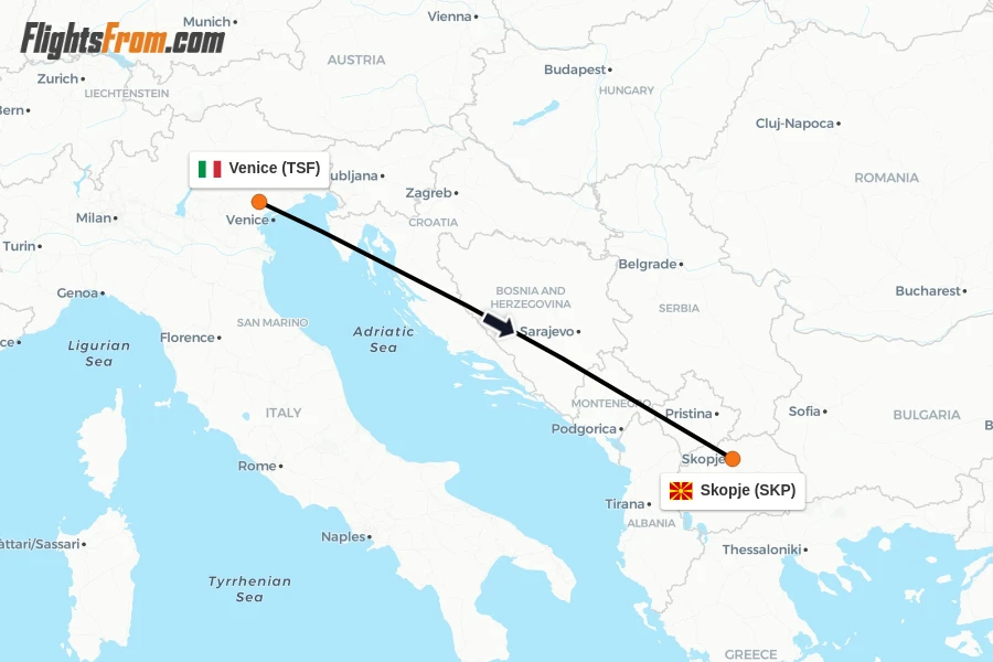 Flights from Venice to Skopje route map