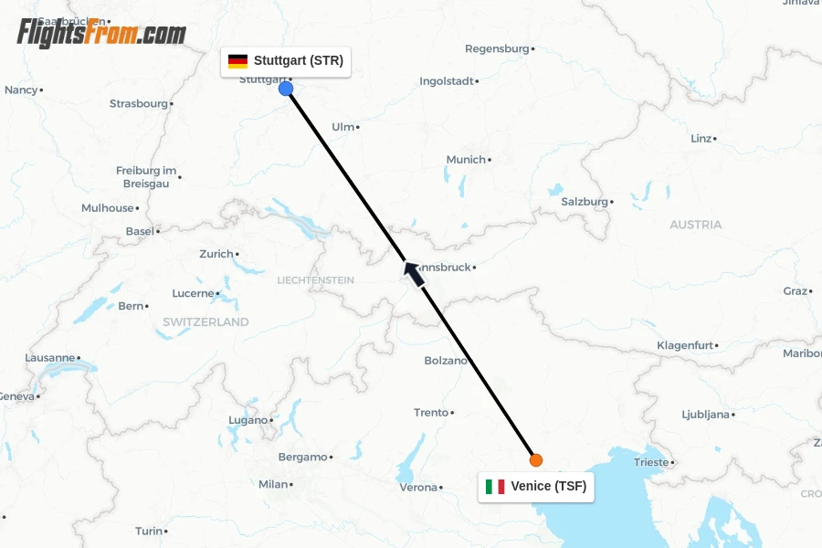 Flights from Venice to Stuttgart route map
