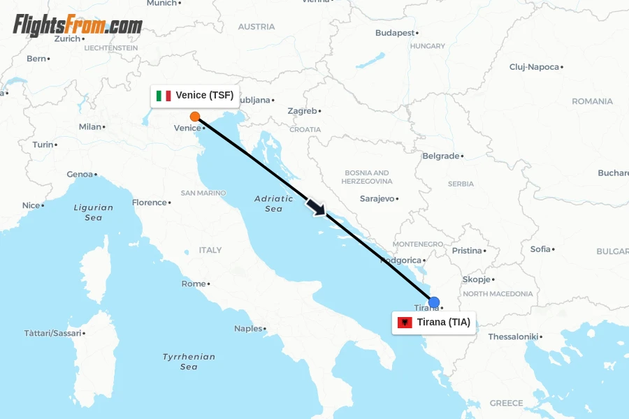 Flights from Venice to Tirana route map