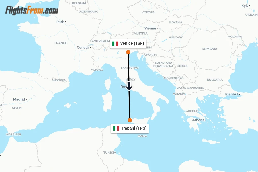 Flights from Venice to Trapani route map