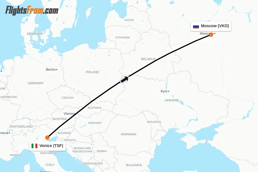 Flights from Venice to Moscow route map