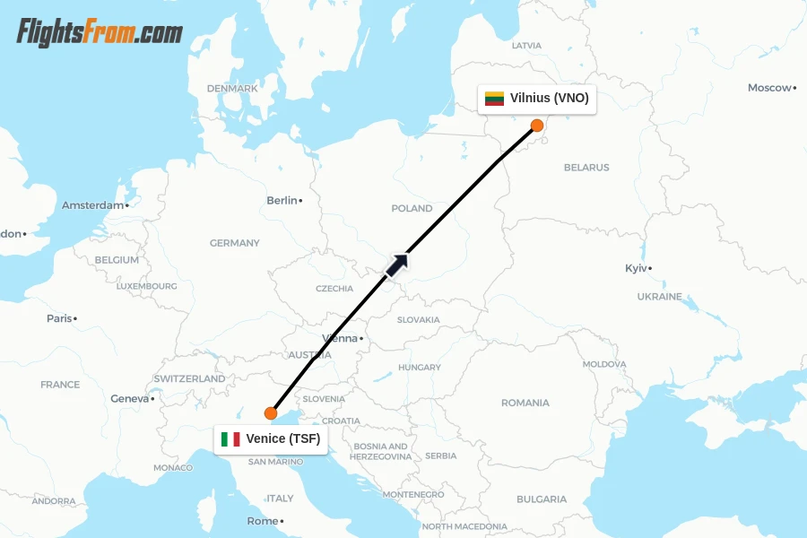 Flights from Venice to Vilnius route map