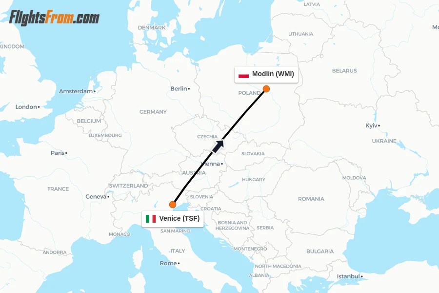 Flights from Venice to Modlin route map