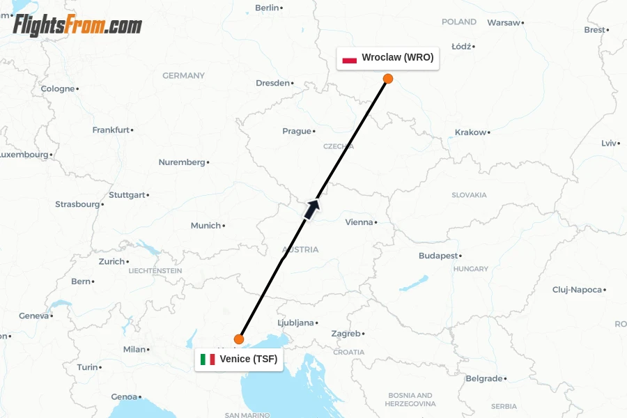 Flights from Venice to Wroclaw route map