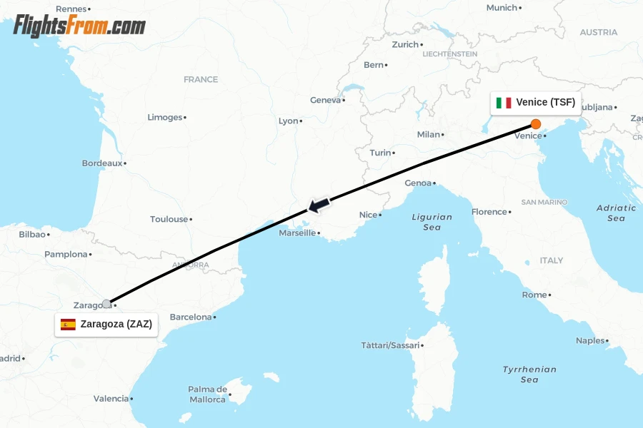 Flights from Venice to Zaragoza route map