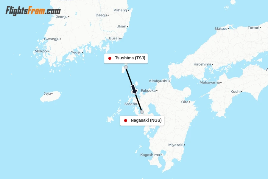 Flights from Tsushima to Nagasaki route map