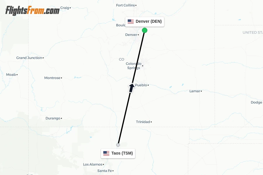 Flights from Taos to Denver route map