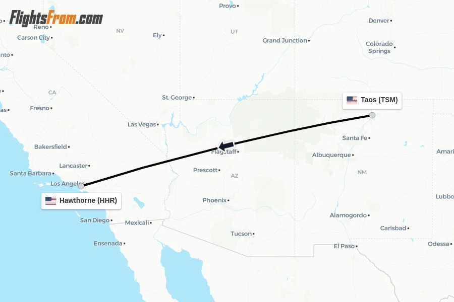 Flights from Taos to Hawthorne route map