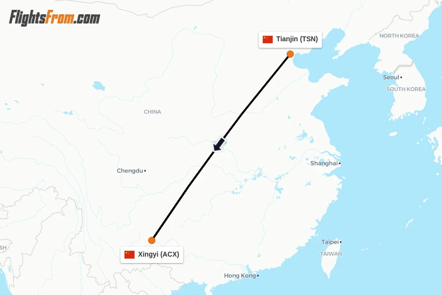 Flights from Tianjin to Xingyi route map