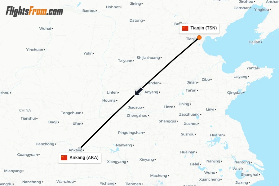 Flights from Tianjin to Ankang route map