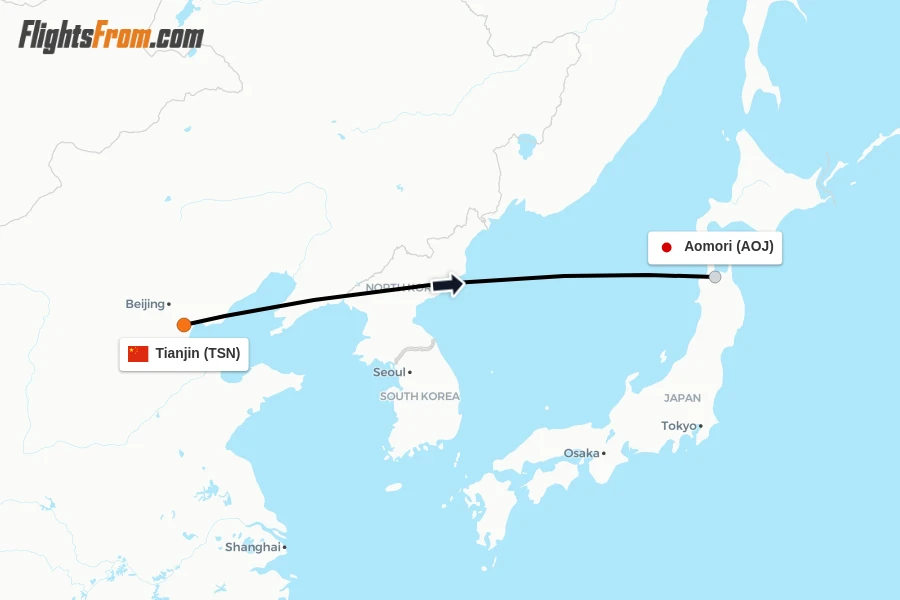 Flights from Tianjin to Aomori route map