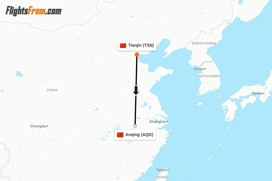 Flights from Tianjin to Anqing route map