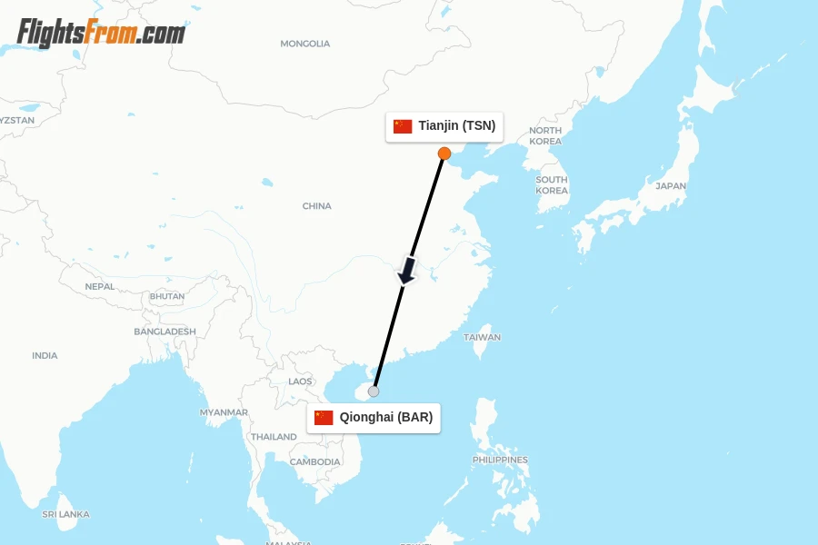 Flights from Tianjin to Qionghai route map