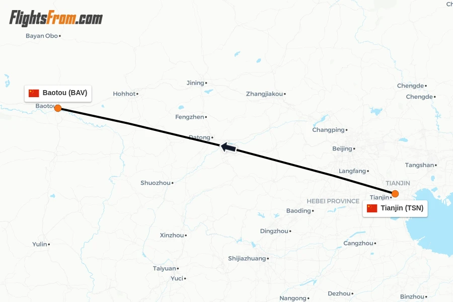 Flights from Tianjin to Baotou route map