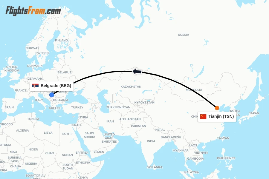 Flights from Tianjin to Belgrade route map