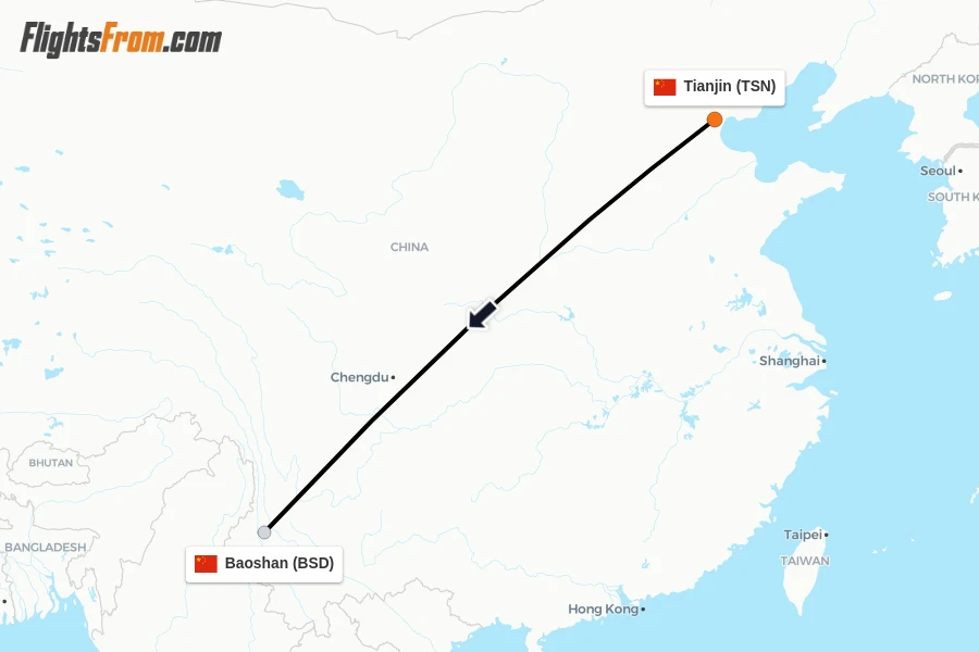 Flights from Tianjin to Baoshan route map