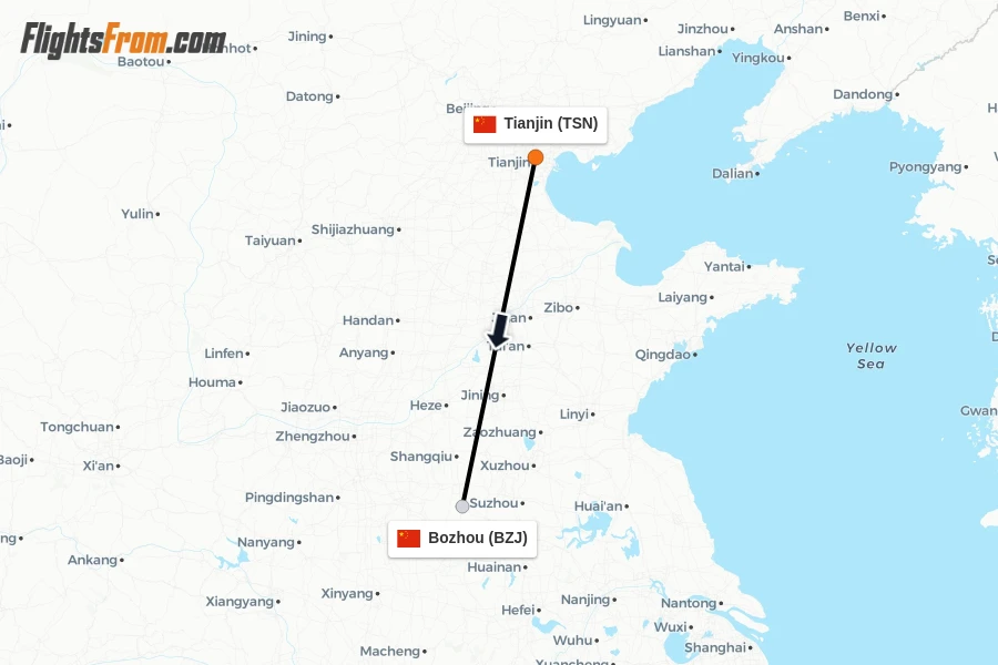 Flights from Tianjin to Bozhou route map