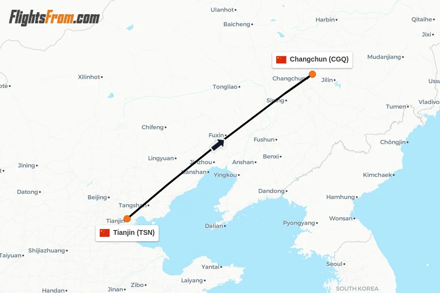 Flights from Tianjin to Changchun route map
