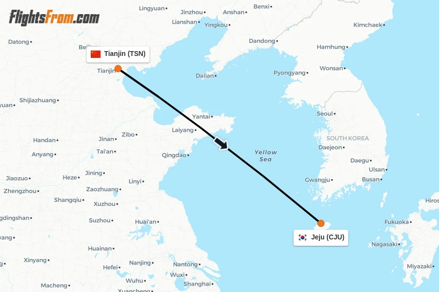 Flights from Tianjin to Jeju route map