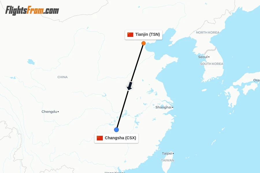 Flights from Tianjin to Changsha route map