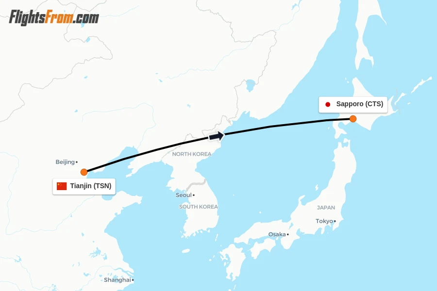 Flights from Tianjin to Sapporo route map