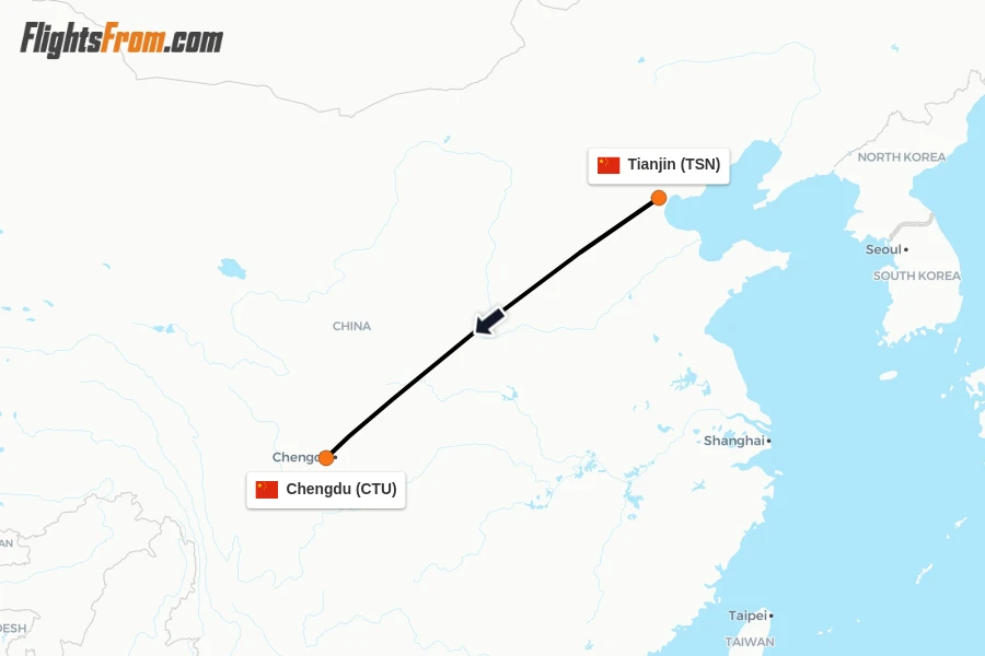 Flights from Tianjin to Chengdu route map