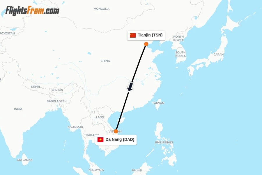 Flights from Tianjin to Da Nang route map