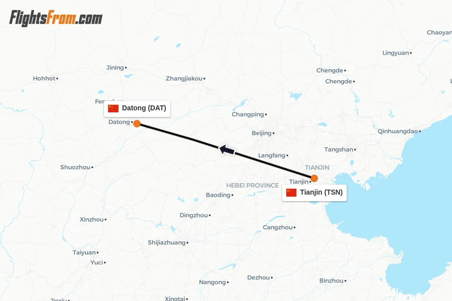 Flights from Tianjin to Datong route map
