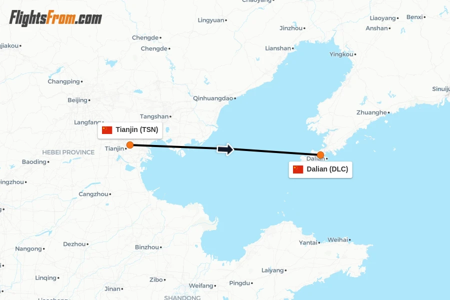 Flights from Tianjin to Dalian route map