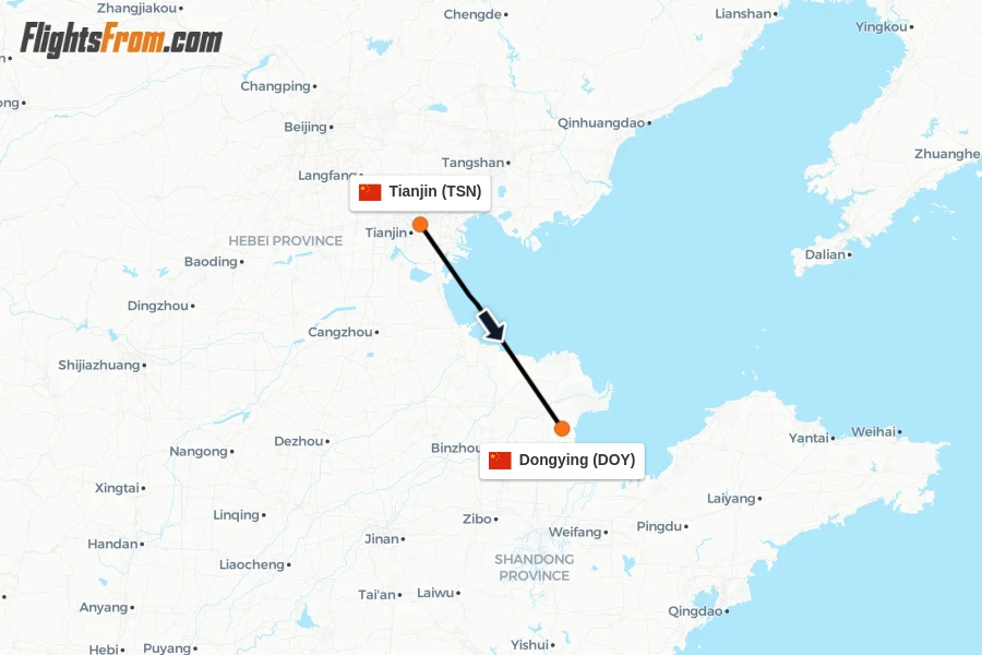 Flights from Tianjin to Dongying route map