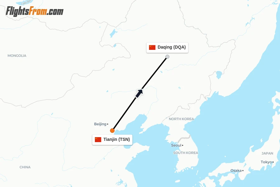 Flights from Tianjin to Daqing route map