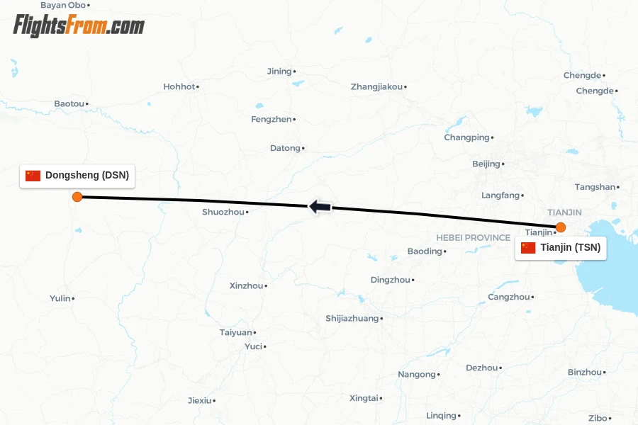 Flights from Tianjin to Dongsheng route map