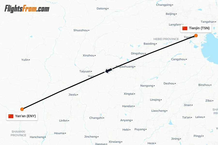 Flights from Tianjin to Yan'an route map