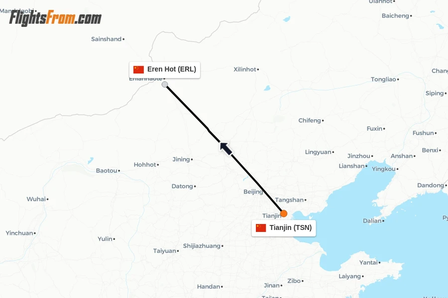 Flights from Tianjin to Eren Hot route map
