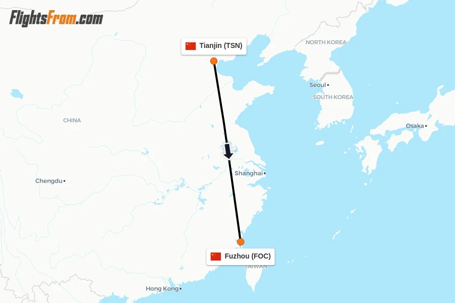 Flights from Tianjin to Fuzhou route map
