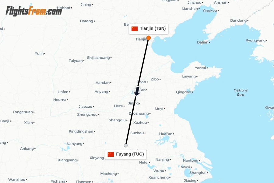 Flights from Tianjin to Fuyang route map