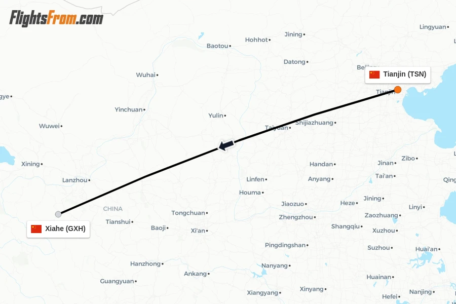 Flights from Tianjin to Xiahe route map