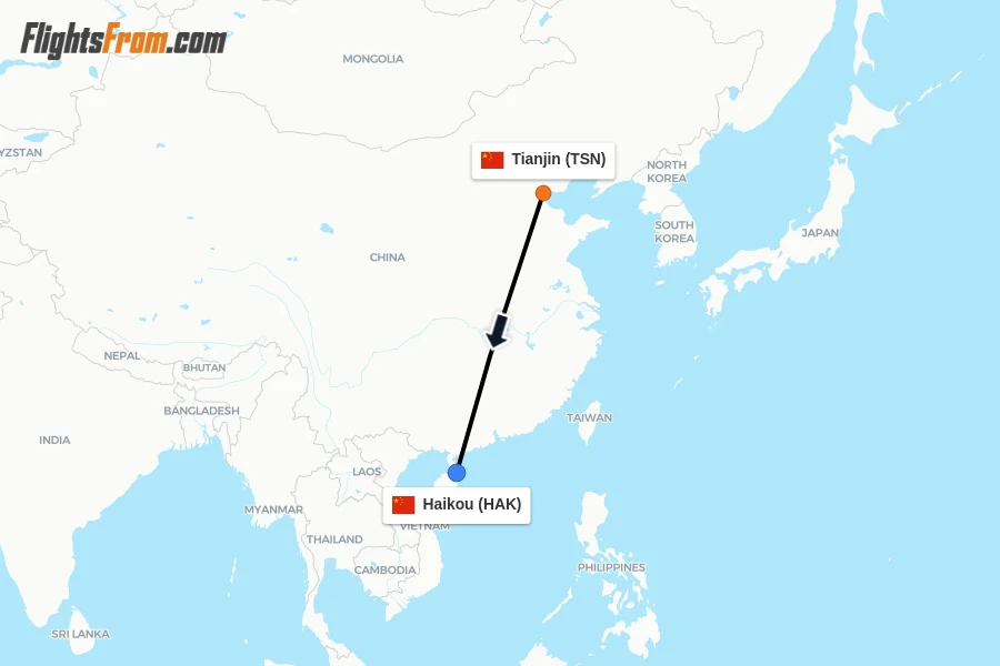 Flights from Tianjin to Haikou route map