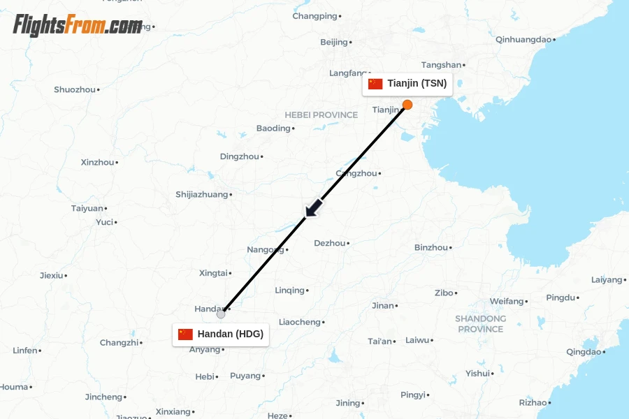 Flights from Tianjin to Handan route map