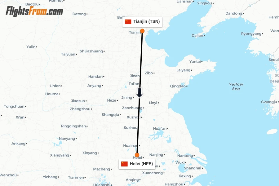 Flights from Tianjin to Hefei route map