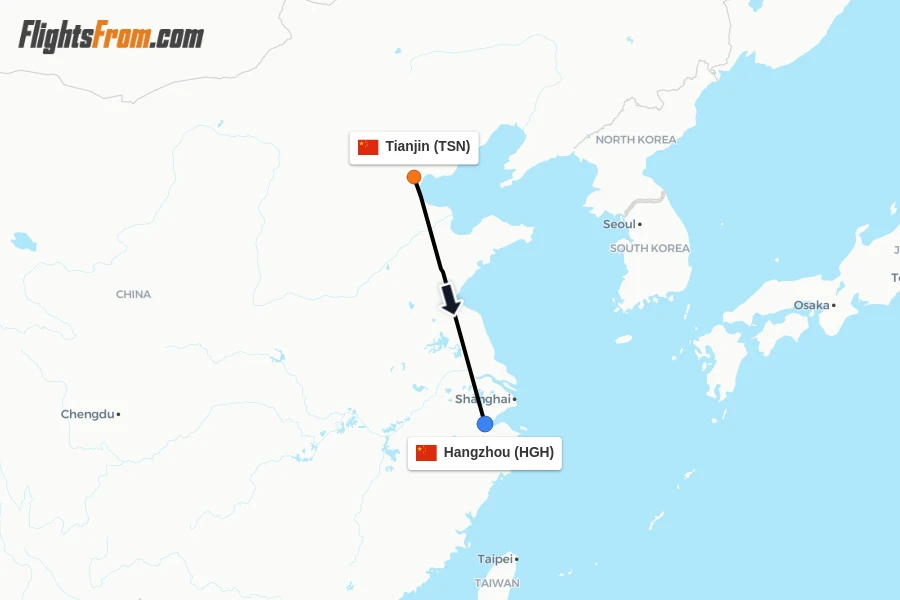 Flights from Tianjin to Hangzhou route map