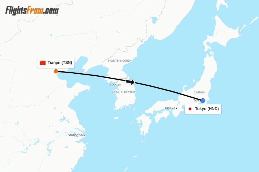 Flights from Tianjin to Tokyo route map